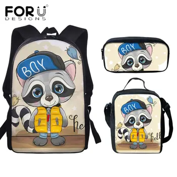 

FORUDESIGNS Boys Girls School Bags Cute Animal Raccoon Prints Kids Backpack Set 3Pcs School Book Bags Schoolbag Shoulder Bag New