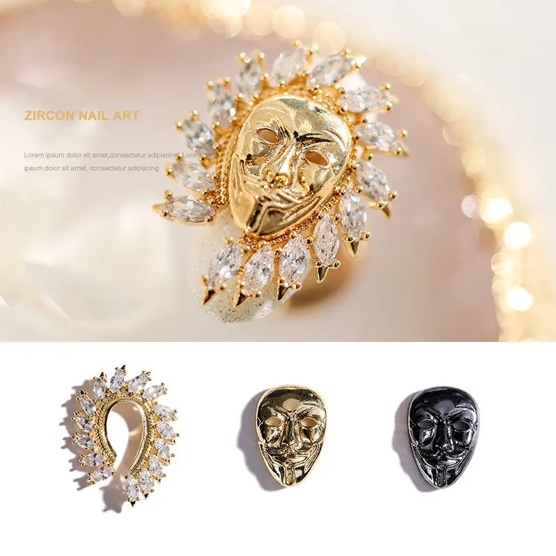 

2pcs/lot 3D Punk Mask Alloy Nail Art Zircon Gold Black metal manicure nail accessories Jewelry DIY Nail Decorations Nail charms