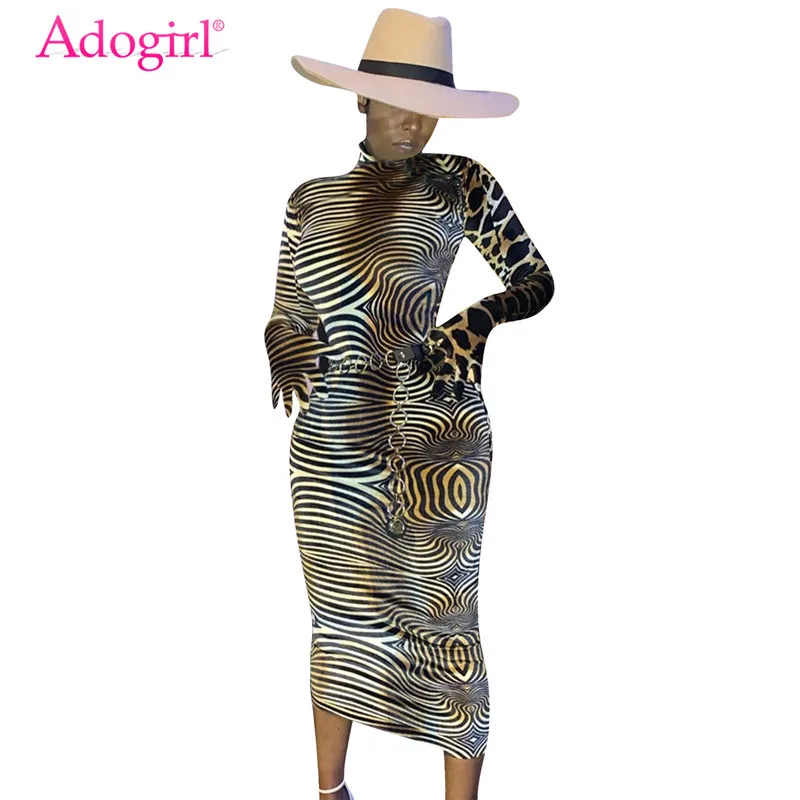 Adogirl/женское Платье макси с принтом зебры и леопарда, Осень-зима, облегающее длинное Клубное платье с высоким воротом и длинным рукавом, vestidos
