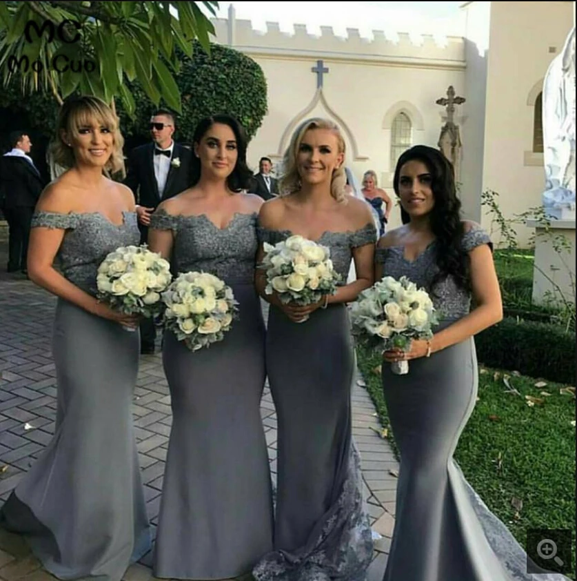 

2019 free shipping grey lace satin mermaid evening dress bridesmaid gowns off the shoulder v neck beaded sequins evening gowns
