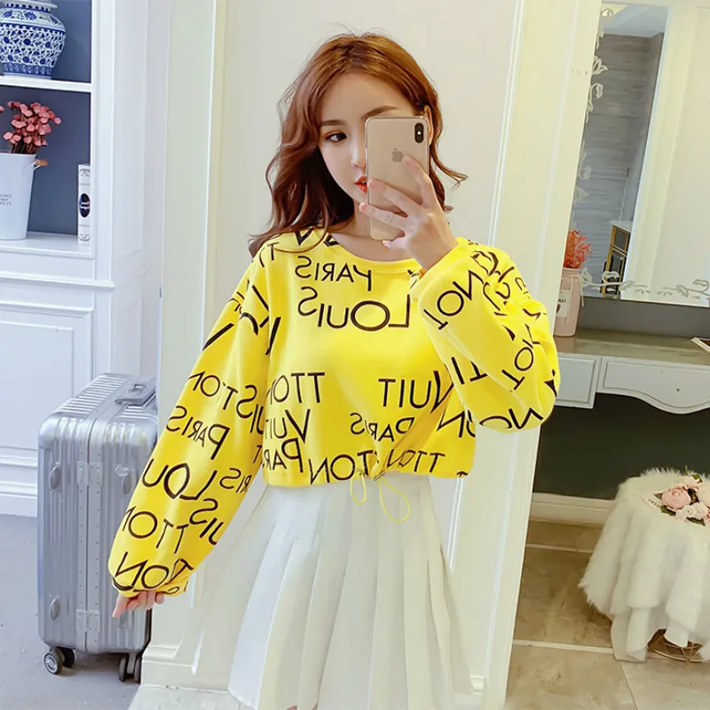 Korean Fashion Crop Top Yellow Sweatshirt Women Clothing Fall 2019 Japanese Sexy Letter Print Cropped Sweatshirt Schoolgirl