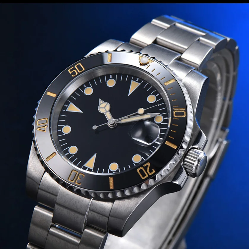 Sterile black orange nail surface men's automatic mechanical watch stainless steel color black ceramic ring