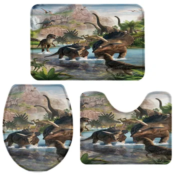 

3 Pieces Bathroom Set Jurassic Period Dinosaur Bath Set Toilet Cover Mat Pedestal Rug Non-Slip Bathroom Rug Set
