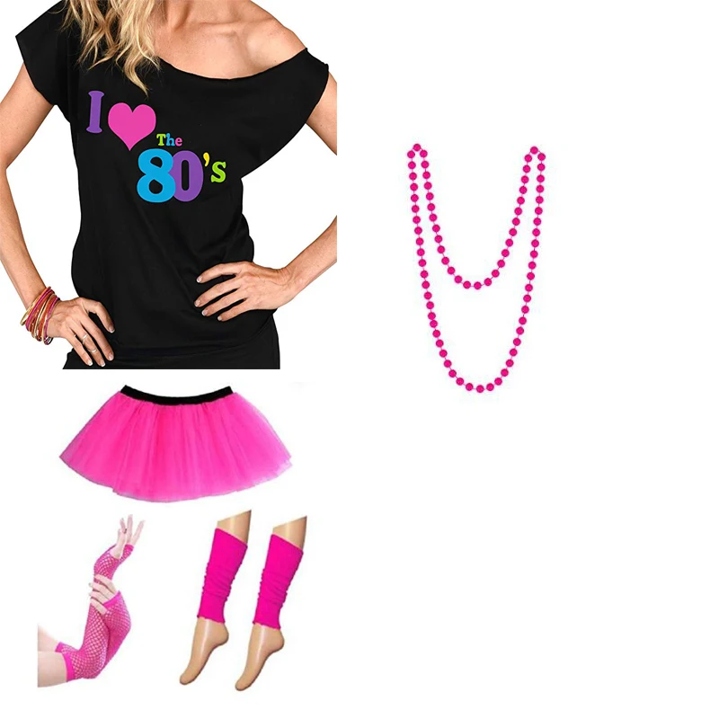 Детские костюмы для косплея для взрослых; женские костюмы 80 s; аксессуары; юбка-пачка; гетры; сетчатая перчатка; ожерелье; футболка