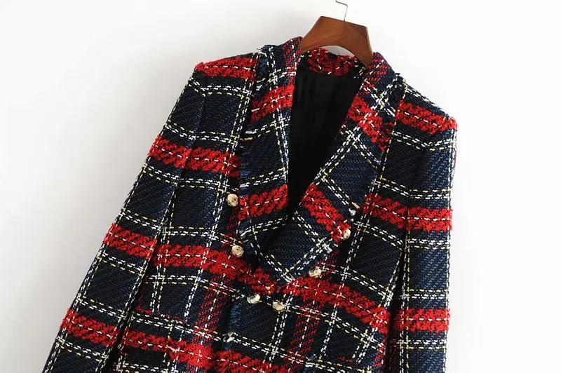 Star firefly tassel button decorated woolen suit female autumn casual tweed plaid blazer for official business women