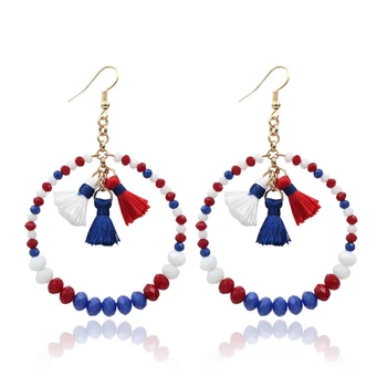 

Customize Fashion American Flag Color Tassel Earrings American Independence Day Rice Beads Winding Earrings