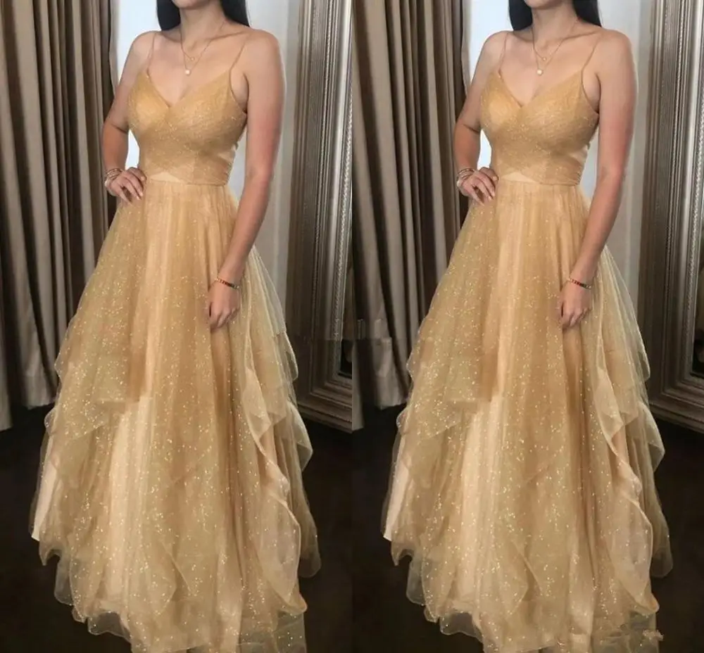 

2020 Sparkly Prom Dresses Spaghetti Tiered A Line Fashion Formal Party Evening Gowns Modern Special Occasion Dress Sexy Vestidos