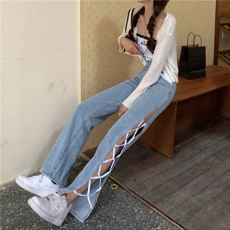 Sexy Side Split Irregular High Waist Strappy Jeans Women\'s Straight Wide Leg Denim Trousers Streetwear Harajuku Pants