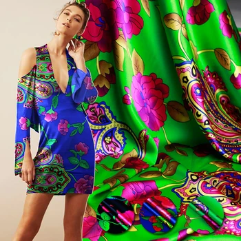 

Paisley printed 19 m rice silk stretch satin fabric ethnic custom fabric for ladies