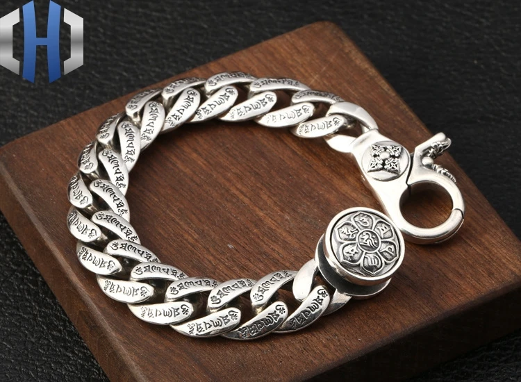 S925 Стерлинговое серебро ювелирные изделия Ретро Личность для мужчин тайский серебряный классический буддийский шесть слов мантра поворота браслет