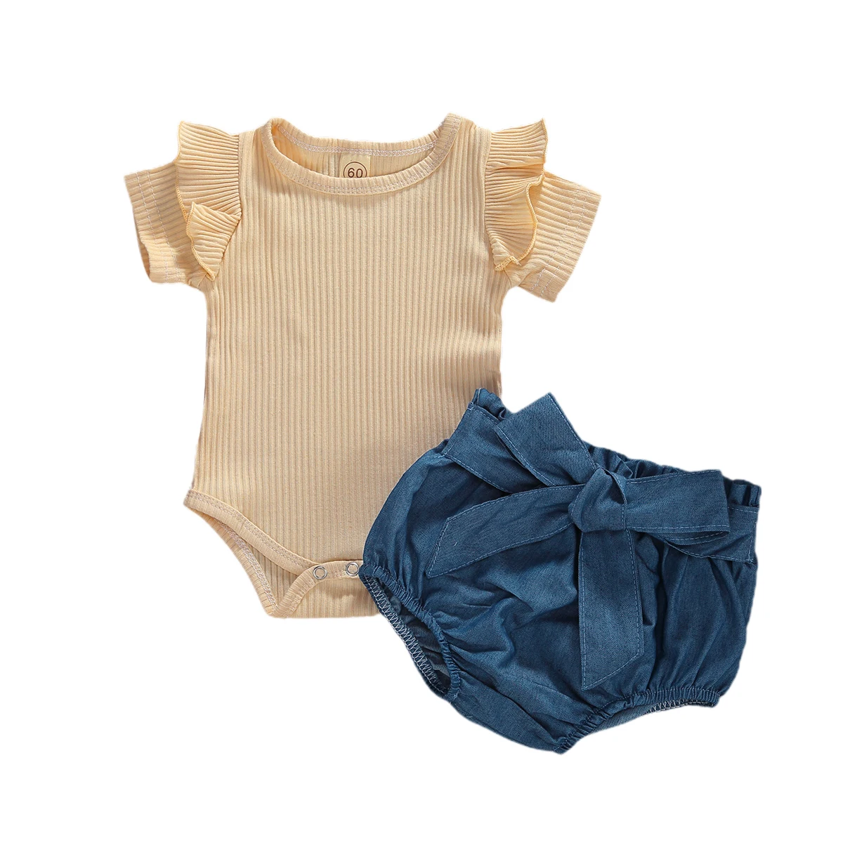 

Baby Girls 2PCS Romper Clothes Set Solid Color Ruffle Short Sleeve O-Neck Button Jumpsuit Elastic Band Triangle Short Pant
