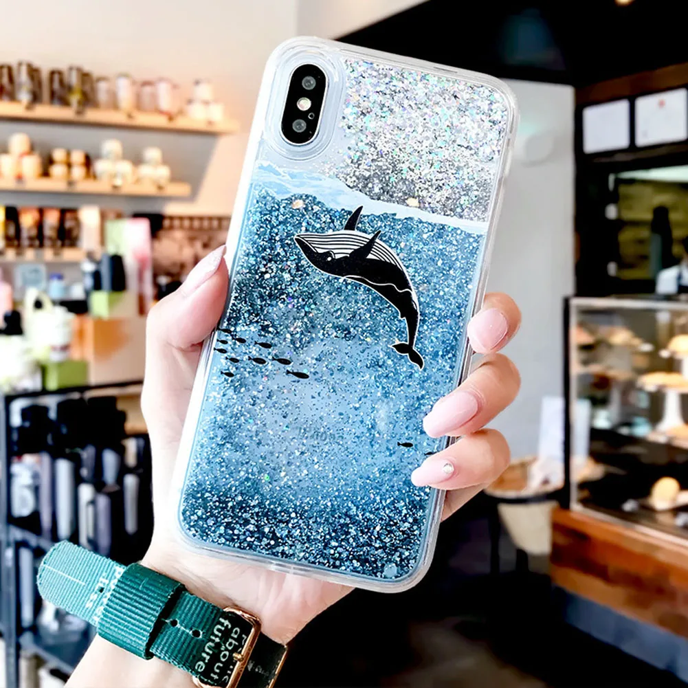 

Luxury Fashion Glitter Shockproof Bling Dynamic Quicksand Case Cover Cute Dolphin Whale Pattern For iPhone Xs Max 6 8 Plus Cases