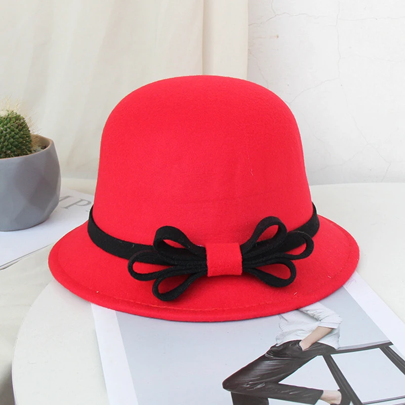 FS Элегантная Женская шляпка, винтажная одноцветная фетровая шляпа с бантом, Ретро стиль, повседневная Кепка с широкими полями, женская шляпа - Цвет: Red