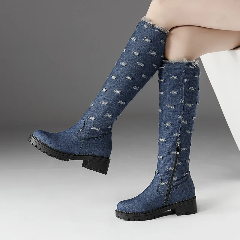 

2018 Women Autumn Winter Punk Block Heel Shoes Denim Holes Design Mid Calf Long Ridding Motorcycle Boots Plus Size 34-45