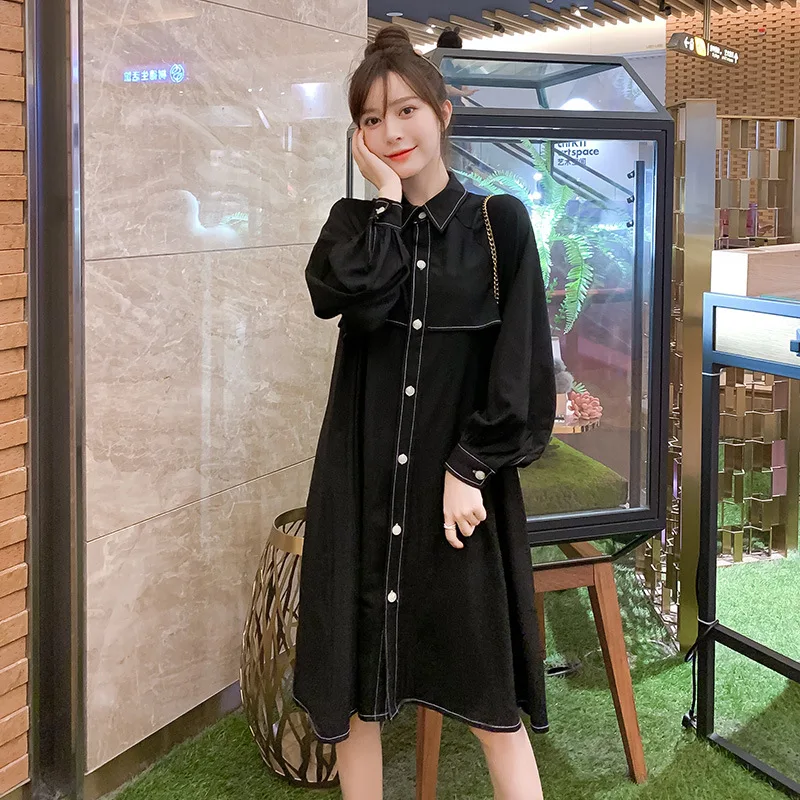 

Maternity Clothes 2019 Autumn Clothing New Style Korean-style Loose-Fit Elegant Mid-length Lantern Sleeve Shirt Dress