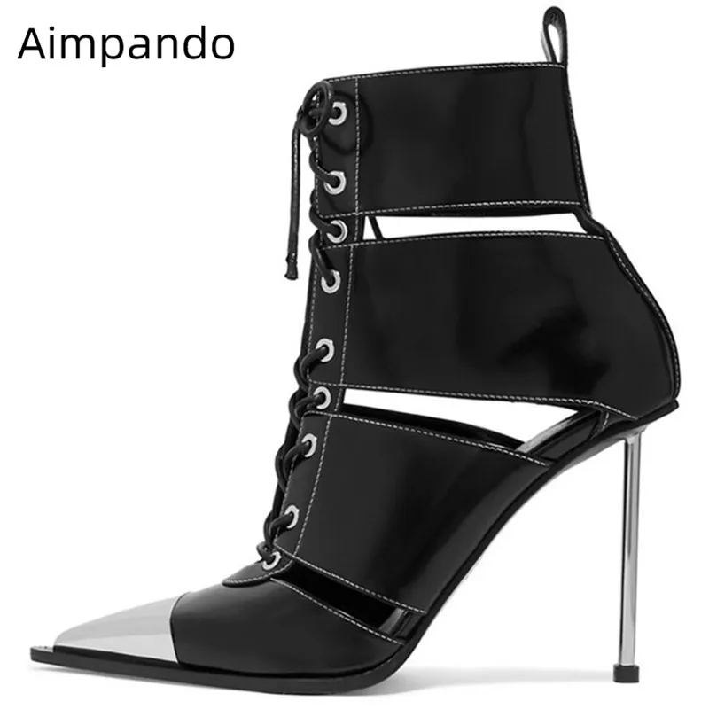 

Fretworks Woman Boots Metal Point Toe Cross Lace Up Ankle Bottes Metal High Gladiator Heel Walking Botas Punk Metal Summer Boots