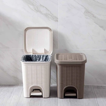 

PP Rattan Trash Can Pressing Type Trash Bin Plastic Dustbin Wastebasket Kitchen Living Room Garbage Storage Bin Can
