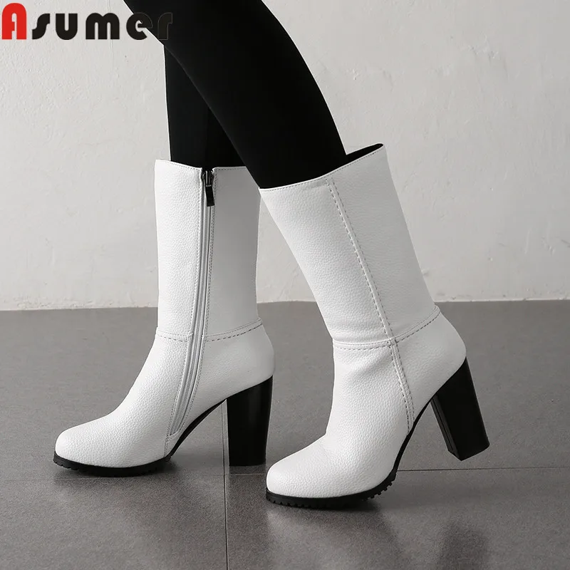 ASUMER/Большие размеры 34-43, модные ботинки до середины икры женские осенне-зимние ботинки на молнии с круглым носком женские ботинки на Высоком толстом каблуке для выпускного вечера
