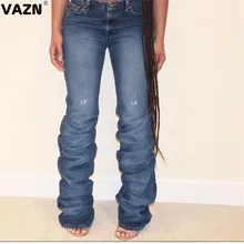VAZN новые джинсовые повседневные рваные прямые брюки с высокой талией, женские темно-синие джинсовые штаны с широкими штанинами, длинные джинсовые штаны