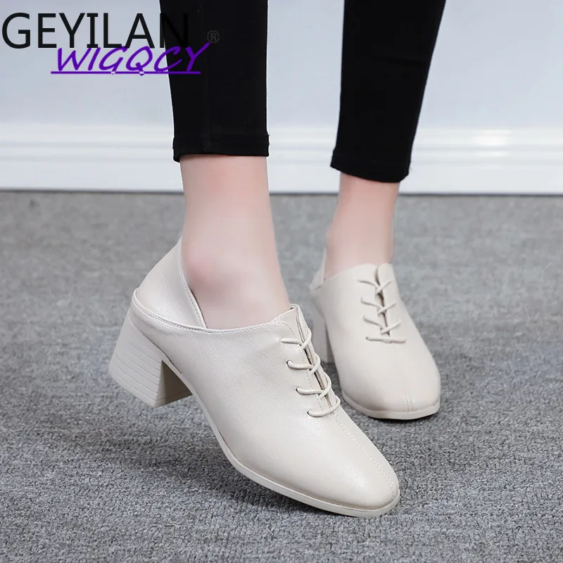 

PU Square Toe Square heel High heels Beige pumps women shoes 2019 Spring Autumn shoes women Fashion Lace-Up shoes female