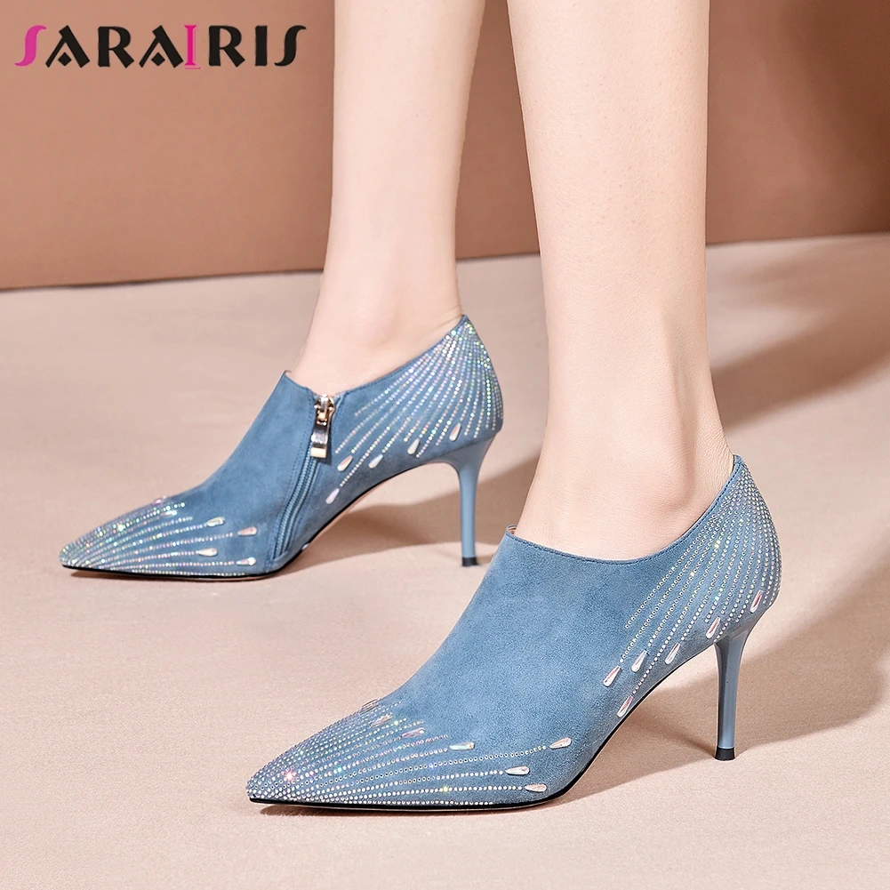 

SARAIRIS New Fashion Lady Spring Zipper Office Casual Pumps Pumps Women Bling Crystal Pointed Toe High Thin Heel Shoes Woman