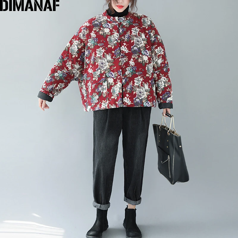 DIMANAF/Женская парка большого размера, пальто с хлопковой подкладкой, толстая осенне-зимняя женская винтажная Свободная верхняя одежда в китайском стиле с цветочным принтом
