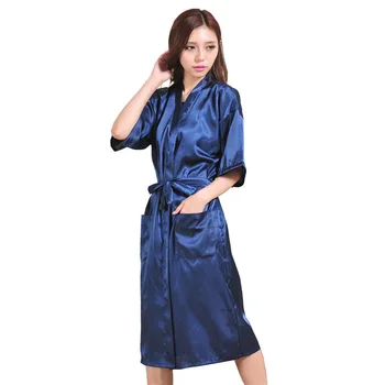 

Satin Nightgown Silk Ladies Sleepwear Summer Solid Color Long Bathrobe Lacing Kimono Cardigan fashion women thin Gown Comfort