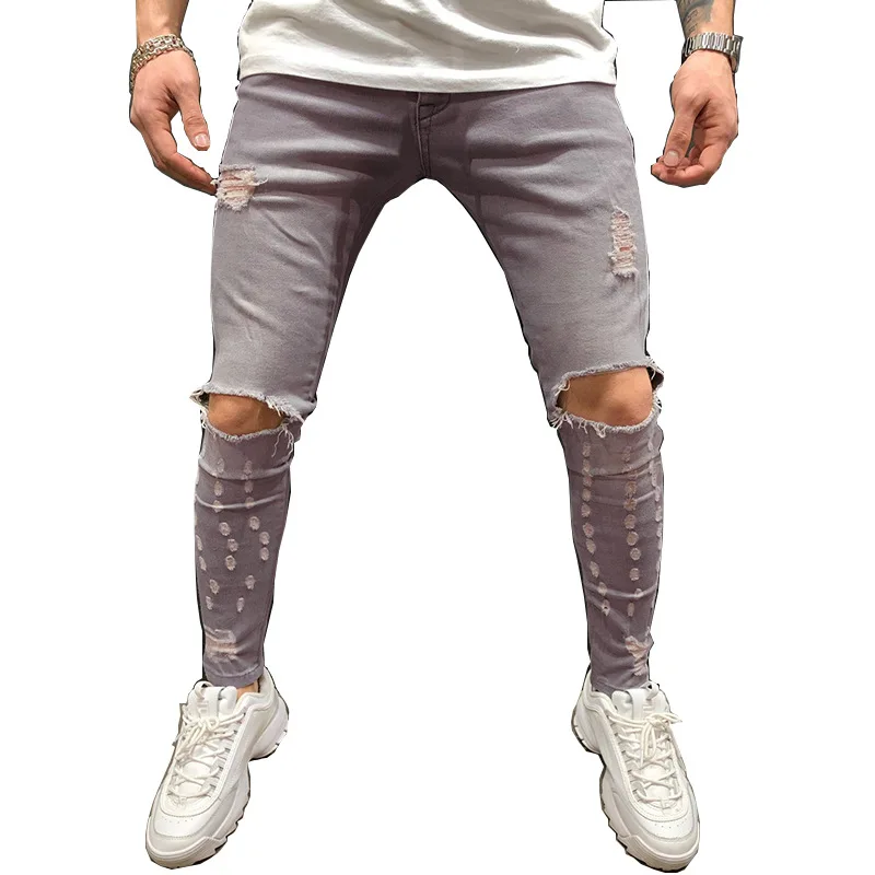 Hot Selling Gray Hole Slim Jeans Fashion Wear Men's Casual Jeans Pants
