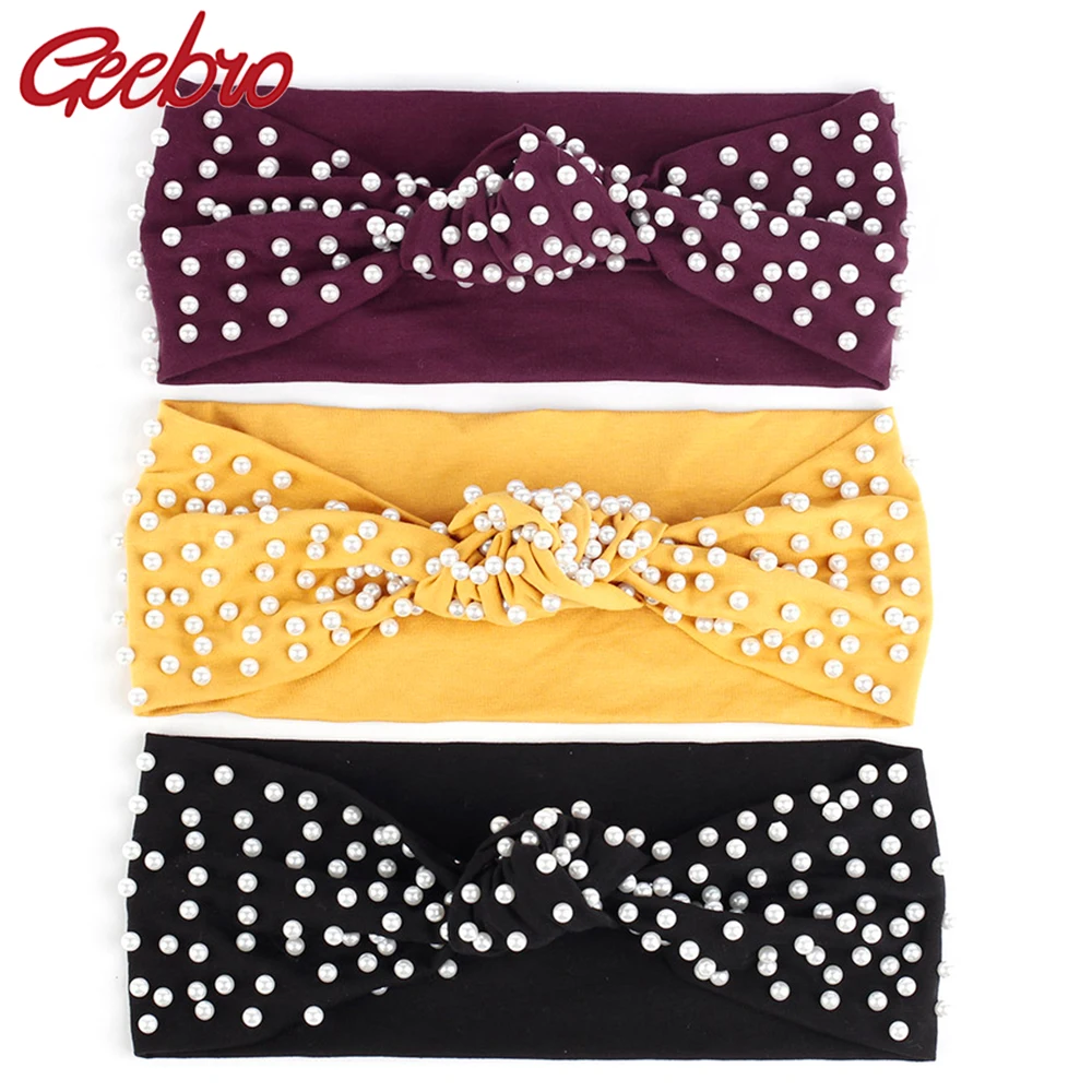 

Geebro Women Knotted Pearl Head Bands Summer Casual Soft Elastic cotton Ribbed Hairbands Turban For Ladies Girls hair Accessorie