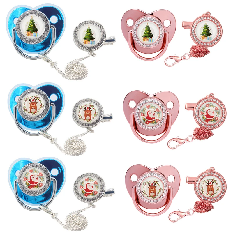 Baby Christmas Pacifier with Chain Clips Cover Santa Claus Baby Girls Pacifiers Newborn Infant Boys Dummy Nipple Christmas Tree baby food tray