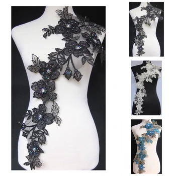 

5pcs/lot x Handmade 4Color(Black Blue Ivory Black/Silver)Sequin Beaded Stoned 3D Flower Lace Embroidered Appliques Collar BNC108
