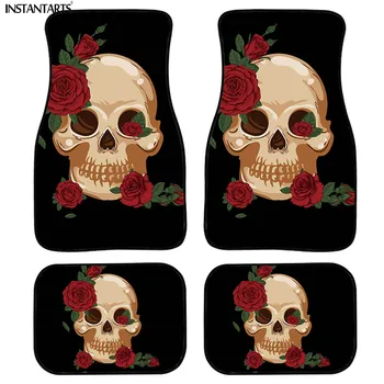 

INSTANTARTS Universal Carpet Floor Mats Sugar Skull Rose Flower Printed Washable Interior Car Accessories Heavy duty Floor Mats
