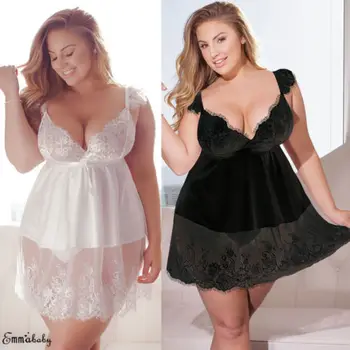 

2020 Women's Lingerie Nightgowns Sleepwear Underwear Dress Lace Solid Sleeveless Nightwear G-string Oversized Plus Size 5XL