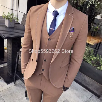 

2020 Autumn Wedding Seam Edge Suit Three-piece Set Male Suit England Marriage Suit