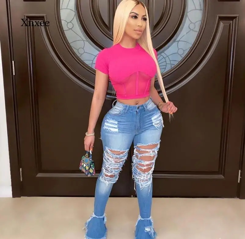 2020 Summer Denim Pants Women fluorescence color Hole Jeans Ripped Flare Spliging Trousers Street Skinny High Waist Pants 6Color