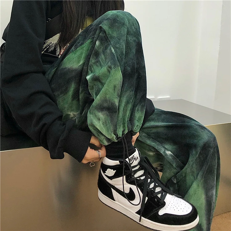 Hip Hop Tie Dye Pants Men's Fashion Casual Retro Corduroy Pants Men Streetwear Korean Loose Straight Wide Legs Pants Mens M-XL casual khaki pants