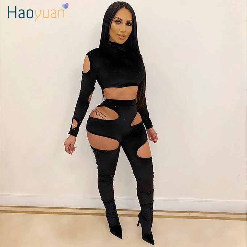 

HAOYUAN Sexy Velvet Two Piece Set Crop Top and Pants Hollow Out Bodycon Matching Suits Club Birthday Outfits for Women Clothes