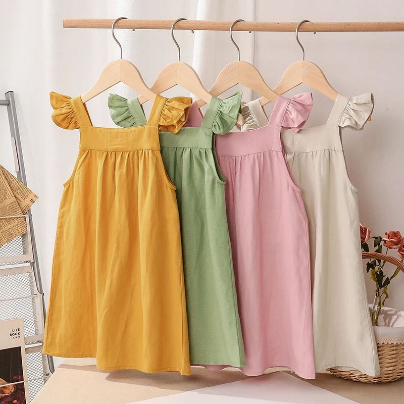Girls Cotton And Linen Strap Dress Summer Children's Sleeveless Button Casual Loose Baby Princess Dresses