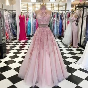 

Pink Prom Dresses A-line Halter Tulle Appliques Beaded Two Pieces Sexy Prom Gown Evening Dresses Evening Gown