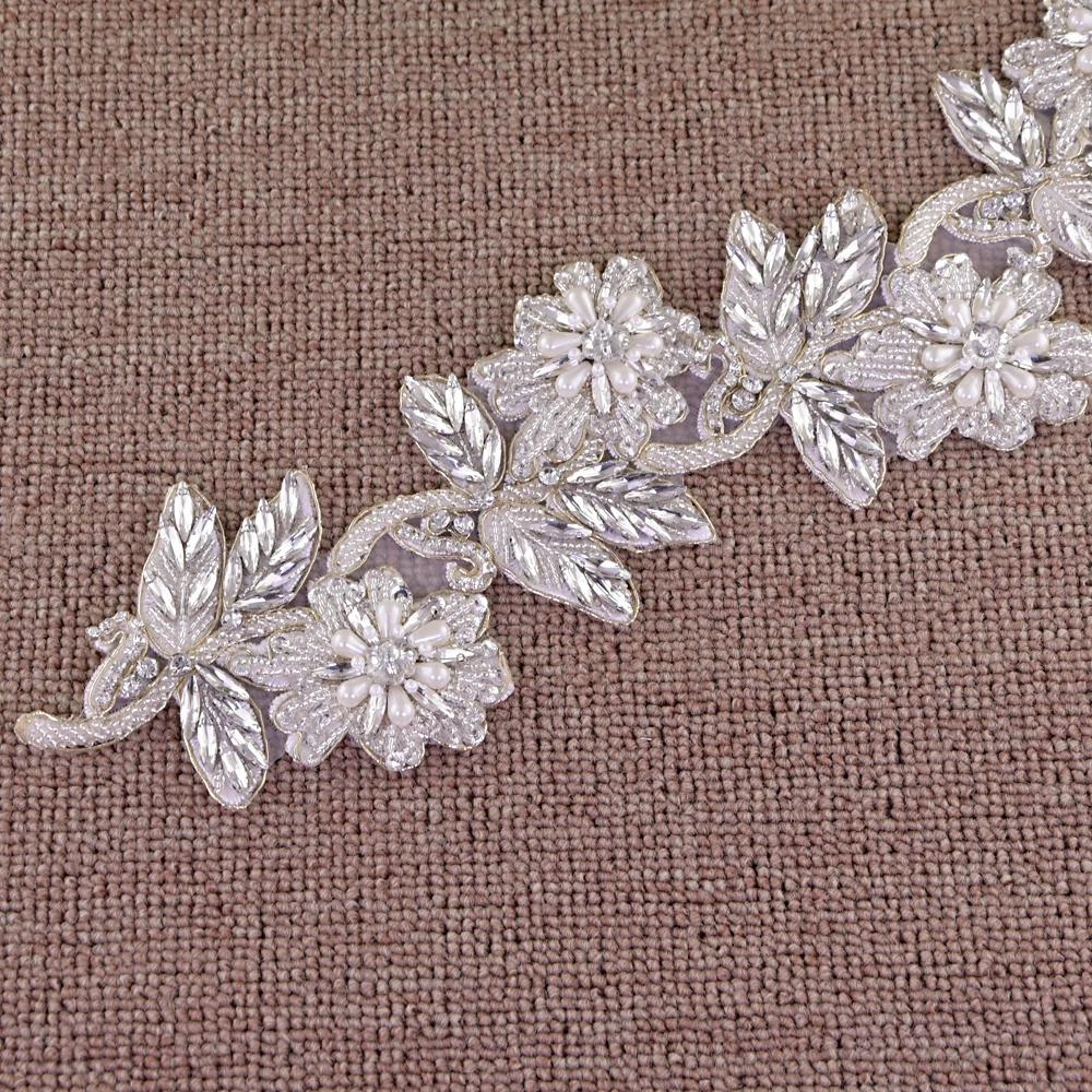 TRiXY S427 Handmade Elegant Crystal Bridal Belt Rhinestones Wedding Belt Silver Flora Diamond Wedding Sash Bridal Accessories
