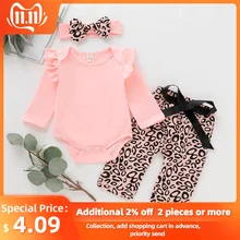 Однотонная одежда с длинными рукавами для новорожденных; леопардовая одежда для новорожденных; одежда для новорождённых с повязкой на голову; осенняя одежда для новорожденных