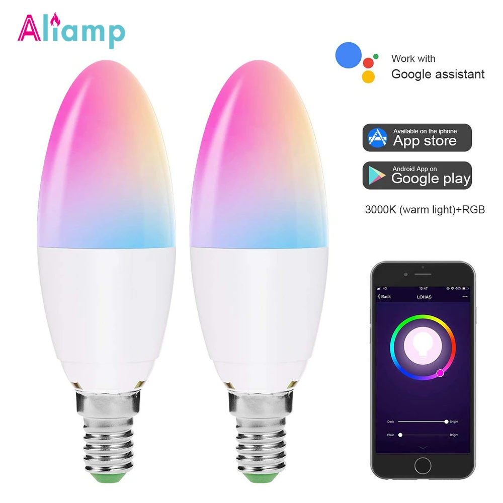 Лампы с Wi Fi E14 5 Вт 40 RGB + теплый/дневной белый свет меняющий цвет работает Alexa Google Home