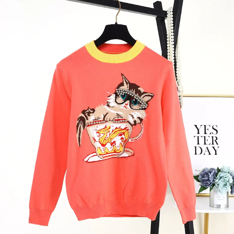 

Tunjuefs Animal Jacquard Sweater Women Jumper Dragon Cup Cat Beading Jersey Runway Pullovers Long Sleeve Knitted Top Lolita