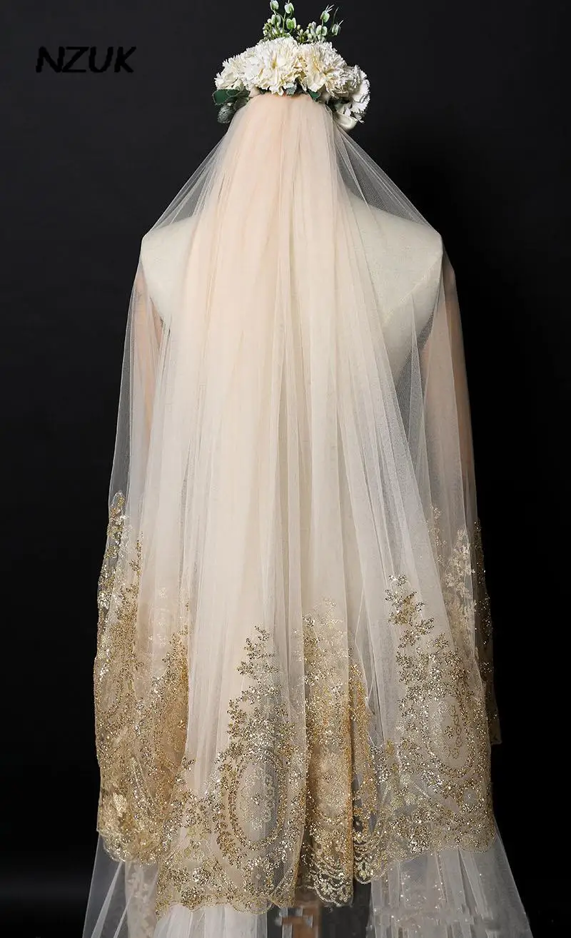 NZUK Gold Lace Edge Bridal Veil Luxury Two Layer Cathedral Wedding Veils  Long velos de novia Wedding Accessories