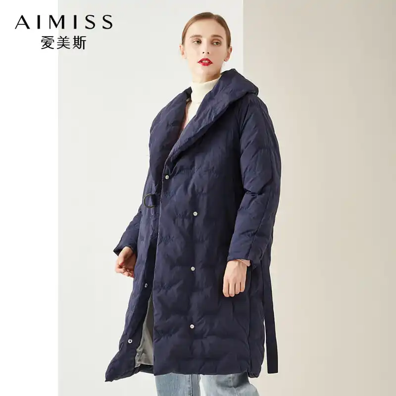 AIMISS/Новая брендовая пуховая куртка, очень толстая зимняя теплая длинная пуховая куртка с отложным воротником, верхняя одежда, комплект одежды синего цвета