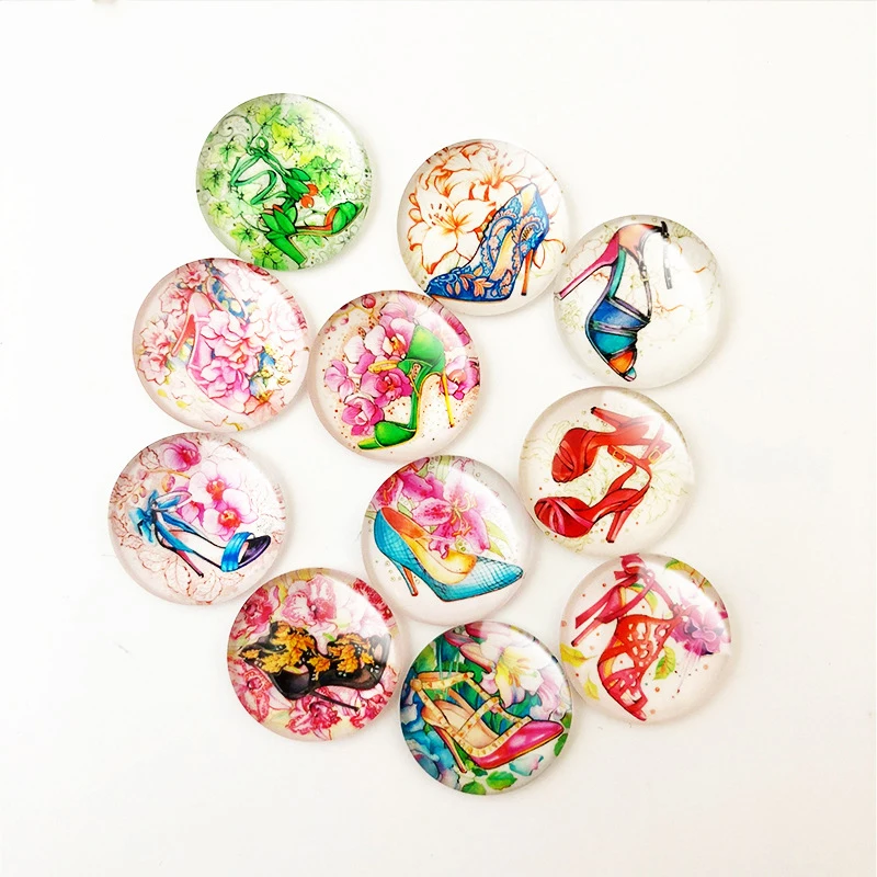 

Wholesale 10 Pcs Random Mix High Heels Pattern Glass Patch Dome Flat Back Round Glass Cabochon Necklace DIY Jewelry Findings