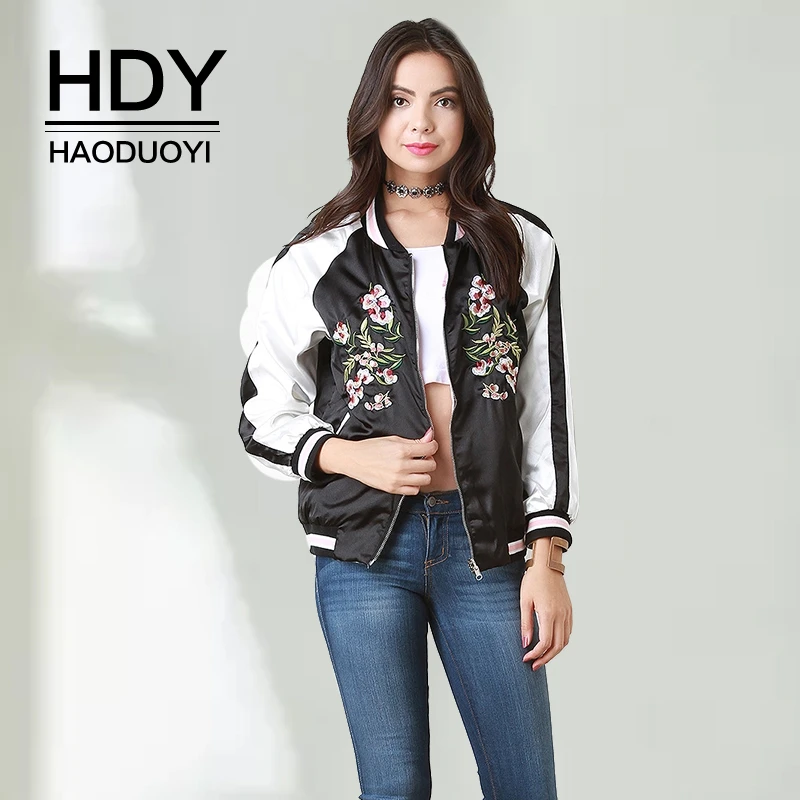 

HDY Haoduoyi Autumn New Fashion Casual Simple Floral Embroidery Clothing Patchwork Womens Tops Stylish Coat Baseball Jacket
