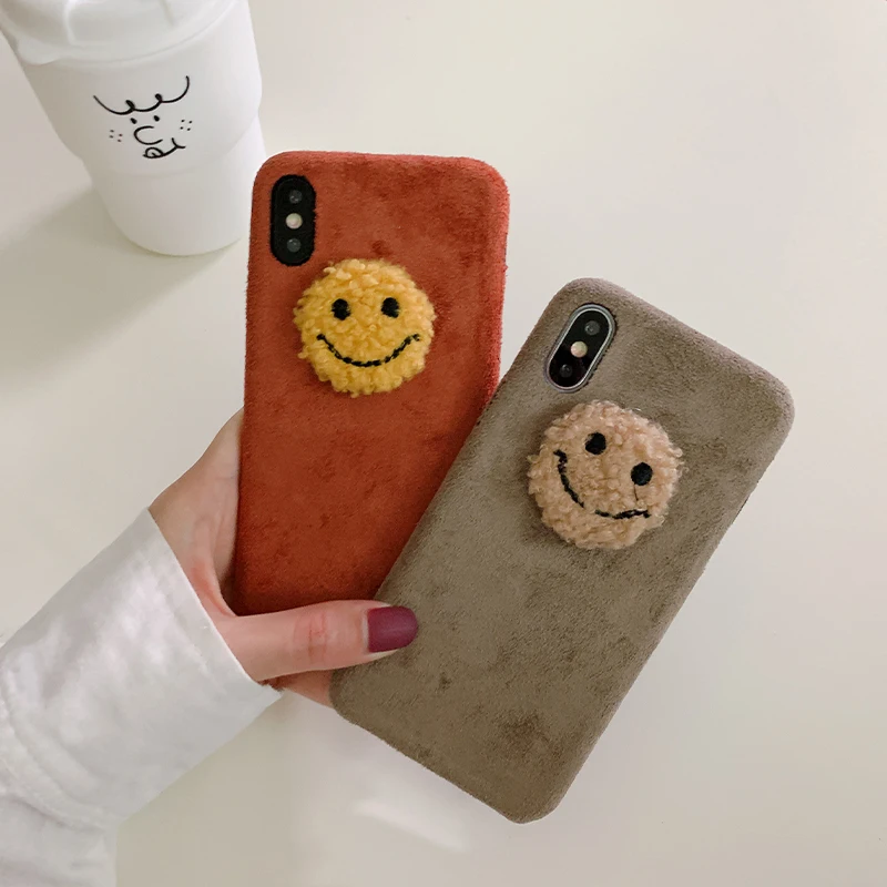

Cute Smiley Fiber flannel Phone Case For iphone 11 Pro max XR X Back Cover For iphone 6 6s 7 8 plus Soft Cases Fuzzy Girl Funda