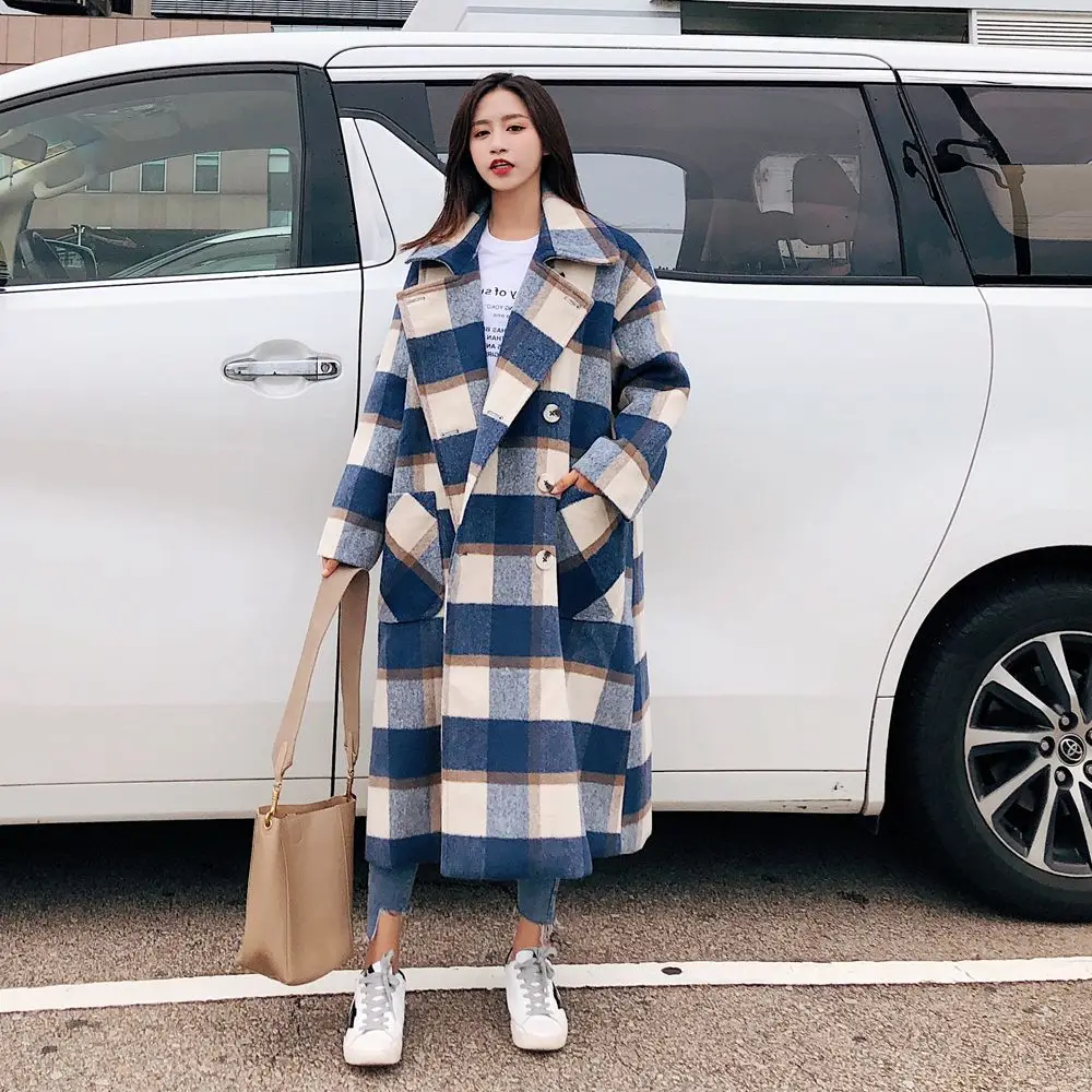 

Photo Shoot Oversize Loose Woolen Jacket 2019 Winter New Style WOMEN'S Dress Retro Laziness-Style Tartan Overcoat
