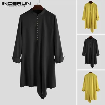 

INCERUN Men Long Shirt Indian Clothes Vintage Solid Color Long Sleeve Kurtas Men Irregular Shirts 2020 Elegant Muslim Robes 5XL